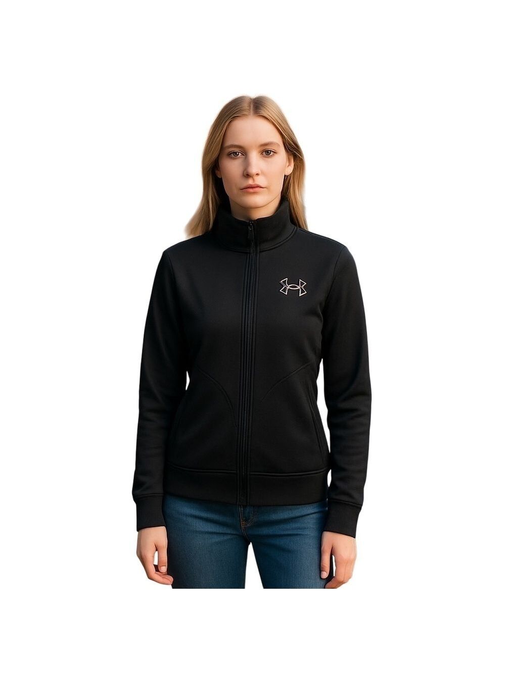 Under Armour fleece zip up branded track jacket rib cuff hem black pink size S